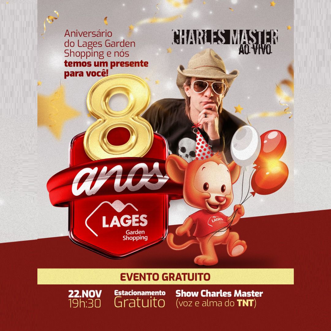 
									Músico Charles Master, faz show gratuito em comemoração aos 8 anos de Lages Garden Shopping 
									LAGES GARDEN SHOPPING ANUNCIA A CHEGADA DO PAPAI NOEL E CELEBRA ANIVERSÁRIO - 
									O Lages Garden Shopping vive o clima natalino. O Natal Encantado inicia no domingo, dia 20 de novembro, a partir das 17h, com a chegada do Papai Noel. O bom velhinho estará acompanhado da Patrulha Canina que fará um show especial de Natal. A programação do mês ainda celebra o aniversário de 8 anos do Garden, Black Friday e a Copa do Mundo 
									17/11/2022 16:58:15								