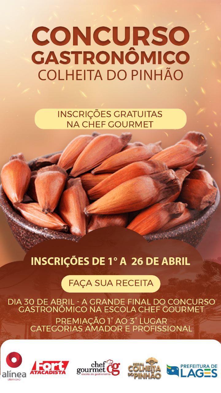 
									 
									Regulamento Concurso Gastronômico Colheita do Pinhão - 
									Então está aí a oportunidade! Inscreva-se para o Concurso Gastronômico Colheita do Pinhão  para Amadores e profissionais!  
									24/04/2023 10:30:36								